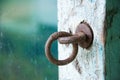 Rusty metal ring in an old wooden door. Element of the old latch Royalty Free Stock Photo