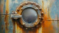 Rusty metal surface with a circular porthole window, exhibiting corrosion and age