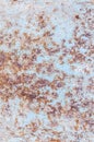 Rusty metal surface, not painted, oxidized rough texture, brown rust with peeling blue paint, outdoors, vertical close-up photo Royalty Free Stock Photo