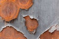Rusty metal surface of the wall with cracked crepe gray paint from corrosion