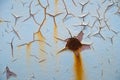 Rusty metal texture background with cracked white-blue paint Royalty Free Stock Photo