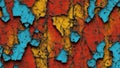 Rusty metal texture. Red yellow orange blue abstract background. Cracked peeling paint. Old painted iron surface. Royalty Free Stock Photo