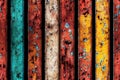 Rusty metal wall with multi-colored paint seamless pattern. Abstract steampunk background with old weathered iron sheet