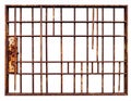 Rusty Metal Window Grille with Broken Bar and Latch Isolated on White bars Royalty Free Stock Photo