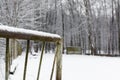 Rusty metallic gate covered with white snow with snowy forest on a background Royalty Free Stock Photo