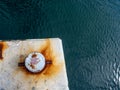 A rusty mooring bolard in two colours