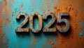 Rusty numbers 2025 on a vibrant blue and orange background Royalty Free Stock Photo