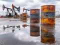Rusty oil barrels standing on wet ground with pump jacks operating in the background under cloudy sky at an oil extraction site Royalty Free Stock Photo