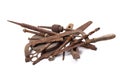 Rusty old antique iron tools, scrap metal on white background. Rust metal surface Royalty Free Stock Photo