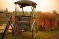 Rusty Old Antique Tricycle Outdoor Stand For Restaurant And Hotel Decoration.