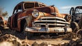 Rusty Old Automobile In Desert: A Tale Of Working-class Empathy Royalty Free Stock Photo