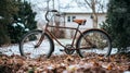 A rusty, old bicycle that is missing pedals and shows signs of neglect and disrepair. Royalty Free Stock Photo