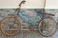 Rusty old bike details. Old bike, drive chain, wheels, rust. Blue bike, old bike