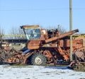 Rusty old combine harvester. Garage of agricultural machinery. Royalty Free Stock Photo