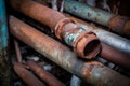 Rusty old damaged heating system pipe. Generate ai Royalty Free Stock Photo