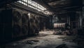 Rusty old factory, abandoned and ruined, spooky inside of metal warehouse Royalty Free Stock Photo