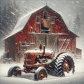 Rusty Old Farm Tractor Weathered Vintage Red Barn Historic Winter Landscape Scenic Country Agriculture AI Generated Fa Royalty Free Stock Photo