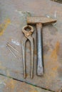 Rusty old hammer, pliers and nails Royalty Free Stock Photo