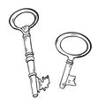 Rusty old keys black and white vector illustration isolated. Lock key silhouette drawn by ink . Adventure line art with