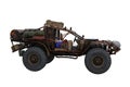 Rusty old off road car made from scrap parts in a post apocalyptic fantasy world. 3D rendering isolated