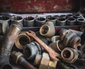 Rusty old plumber pipes with rusty wrench and toolbox