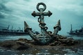 Rusty Old ship anchor on blue marine background. Generate ai Royalty Free Stock Photo