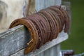 Rusty Old Used Horseshoes on Fence Royalty Free Stock Photo