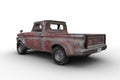 Rear corner view 3D rendering ofl a rusty old vintage red pickup truck isolated on white