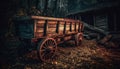 Rusty old wagon wheel abandoned in spooky ancient forest generated by AI Royalty Free Stock Photo