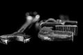 Rusty, old workshop keys. Hydraulic keys on a black table in a w Royalty Free Stock Photo