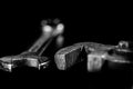 Rusty, old workshop keys. Hydraulic keys on a black table in a w Royalty Free Stock Photo