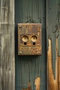 Rusty Outdoor Power Outlet on Weathered Wooden Wall Royalty Free Stock Photo