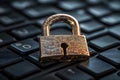 Rusty padlock on computer keyboard, concept of online security and data protection, cybersecurity vulnerability, old lock on