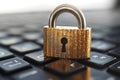Rusty padlock on computer keyboard, concept of online security and data protection, cybersecurity vulnerability, old lock on
