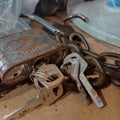 Rusty padlock, keys and chains Royalty Free Stock Photo