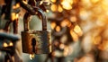 Rusty padlock with a water droplet in soft golden light