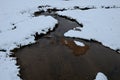 Rusty peat water in a creek in the mountains with snow covered surroundings in the taiga. The peat spring in the mountains feeds s