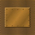 Rusty perforated Metal Background with plate and rivets. Metallic grunge texture. Brass, copper latticed template.
