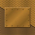 Rusty perforated Metal Background with plate and rivets. Metallic grunge texture. Royalty Free Stock Photo