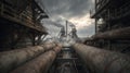 Rusty pipe, decaying industrial complex, smoke, overcast sky, abandoned, dramatic mood Royalty Free Stock Photo