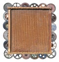 Rusty radiator of tractor framed by vintage wheels photo collage isolated