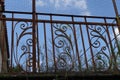 Rusty railing with floral pattern and withered plants