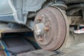 Rusty Rear Car Wheel Hub with Drum Brake System and Suspension Royalty Free Stock Photo