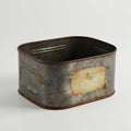 Rusty, rectangular metal can with rounded corners. The surface is worn, showing Royalty Free Stock Photo