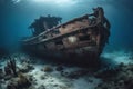 Rusty remains, wrecked ship found at the bottom of the ocean - generative AI