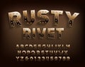 Rusty Rivet alphabet font. Damaged metallic letters and numbers with rivets.