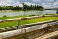 Rusty road railing and the river Tisza at Szeged