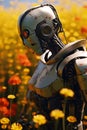 A Rusty Robot in a Field of Flowers Royalty Free Stock Photo