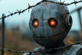 Rusty robot with glowing red eyes behind a barbed wire fence in a desolate, post-apocalyptic environment