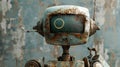 A rusty robot with a green screen on its head. Ideal for technology and sci-fi concepts